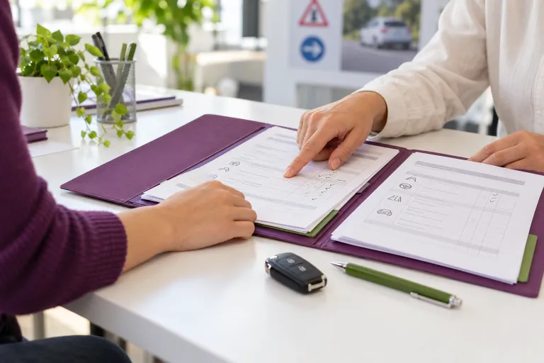 Un élève et un conseiller étudient un dossier de formation à la conduite.